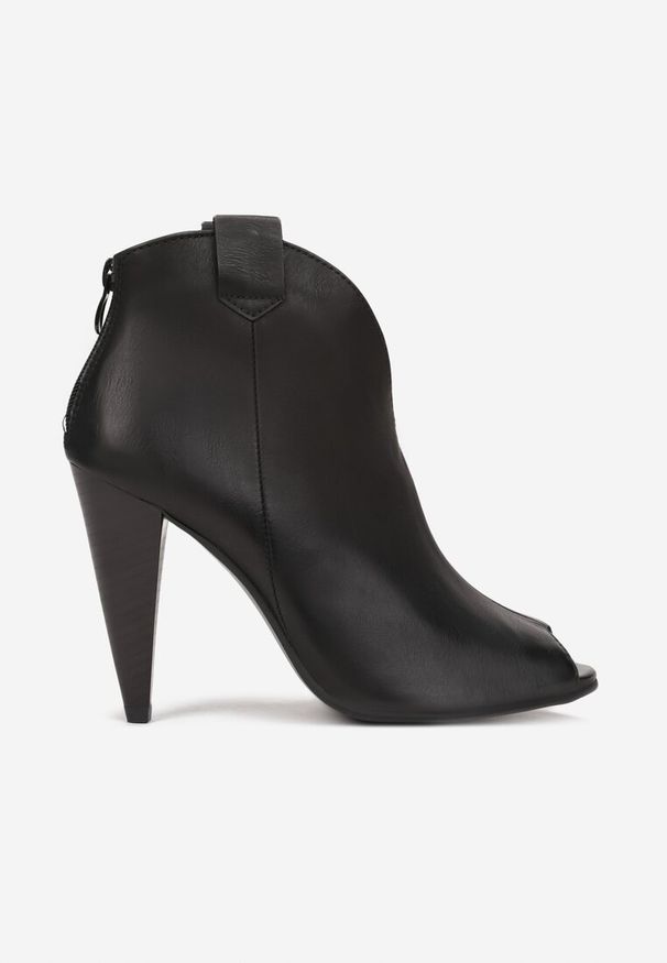 Born2be - Czarne Botki Peep Toe na Stożku Zaorvan. Nosek buta: otwarty. Zapięcie: zamek. Kolor: czarny. Szerokość cholewki: normalna. Obcas: na stożku