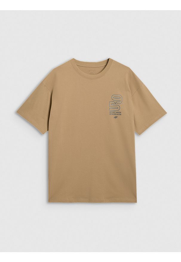 4f - 4F T-shirt oversize z nadrukiem męski - beżowy M. Kolor: beżowy. Materiał: włókno, skóra, materiał. Wzór: nadruk