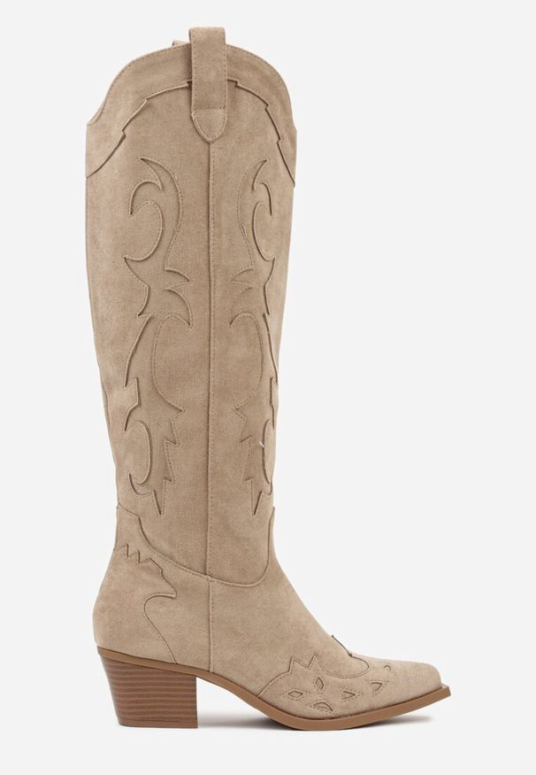 Renee - Ciemnobeżowe Kozaki Kowbojki na Stożku w Klasycznym Stylu Nalinda. Kolor: beżowy. Szerokość cholewki: normalna. Obcas: na stożku. Styl: klasyczny. Wysokość obcasa: średni