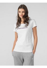 4f - T-shirt regular z nadrukiem damski. Kolor: biały. Materiał: bawełna, dzianina, welur. Wzór: nadruk #1