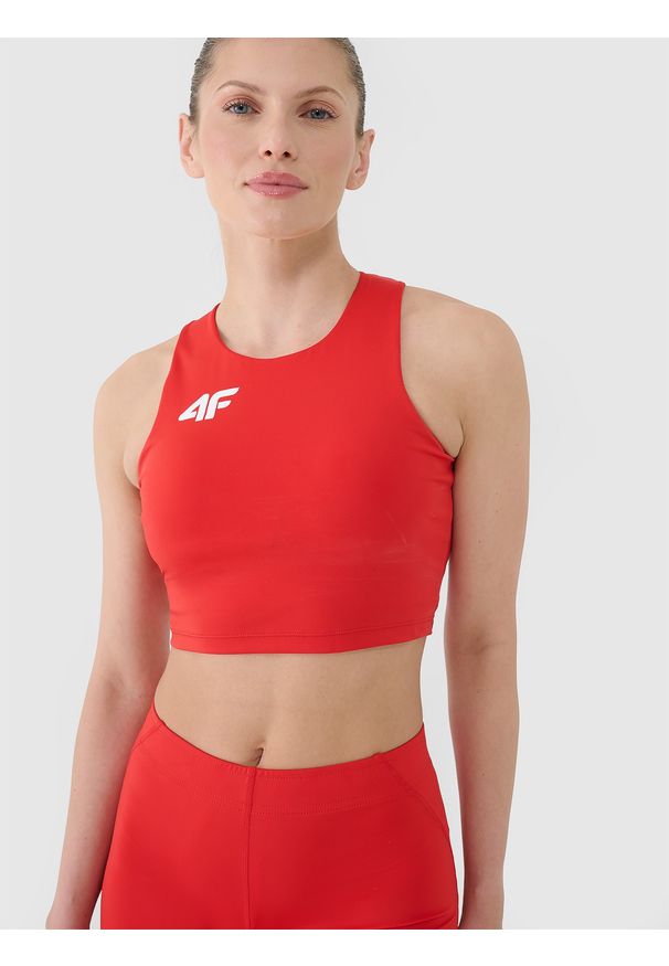 4f - 4F Biustonosz treningowy ze średnim wsparciem damski - czerwony L. Kolor: czerwony. Materiał: dzianina, elastan, włókno, syntetyk, materiał, guma. Rodzaj stanika: wyciągane miseczki. Wzór: gładki, jednolity, ze splotem. Sport: fitness, bieganie, kolarstwo
