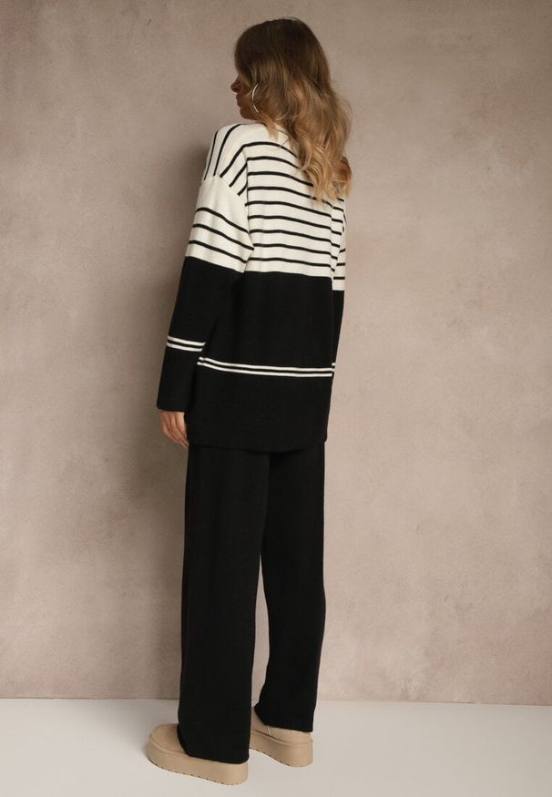 Renee - Czarny Komplet z Dzianiny z Wełną Pasiasty Sweter i Spodnie Ralleia. Kolor: czarny. Materiał: dzianina, wełna. Wzór: paski