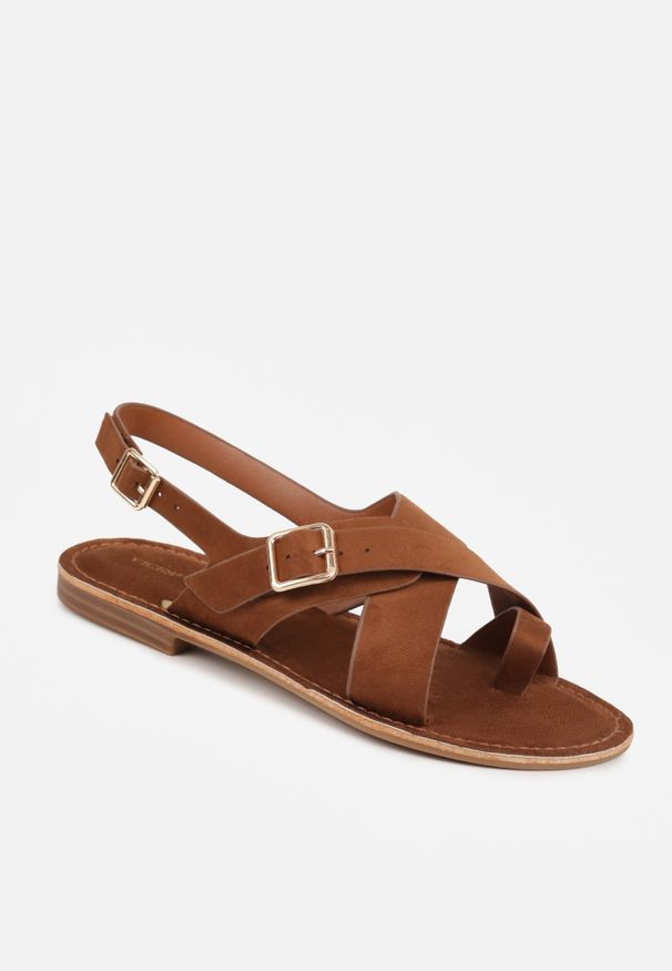 Renee - Brązowe Sandały Japonki VICES z Ozdobnym Paskiem i Klamrą Vendan. Okazja: na co dzień. Zapięcie: klamry. Kolor: brązowy. Materiał: jeans. Sezon: lato. Styl: elegancki, casual