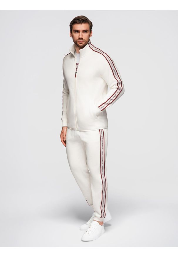 Ombre Clothing - Dresowy komplet męski bluza rozpinana + spodnie dresowe joggery - biały V2 - Rozmiar: XXL. Okazja: na co dzień, do pracy, na spacer. Typ kołnierza: kołnierzyk stójkowy. Kolor: biały. Materiał: dresówka. Styl: casual, sportowy