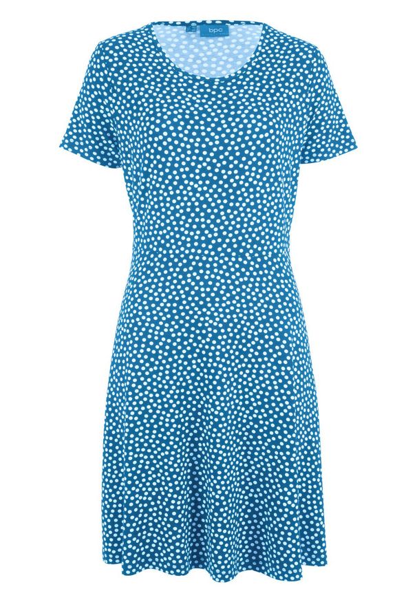 Sukienka z dżerseju z zaznaczoną talią bonprix lodowy niebieski - biały w kropki. Kolor: niebieski. Materiał: jersey. Wzór: kropki