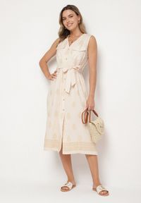 Born2be - Beżowa Wiskozowa Sukienka Koszulowa w Hafty z Paskiem Araverra. Okazja: na co dzień. Kolor: beżowy. Materiał: wiskoza. Wzór: haft. Sezon: wiosna, lato. Typ sukienki: koszulowe. Styl: klasyczny, casual, elegancki #4