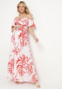 Born2be - Czerwono-Biała Sukienka Hiszpanka o Rozkloszowanym Kroju z Wiązanym Paskiem Sesiniela. Okazja: na co dzień. Typ kołnierza: dekolt hiszpanka. Kolor: czerwony. Typ sukienki: rozkloszowane. Styl: casual, elegancki #4