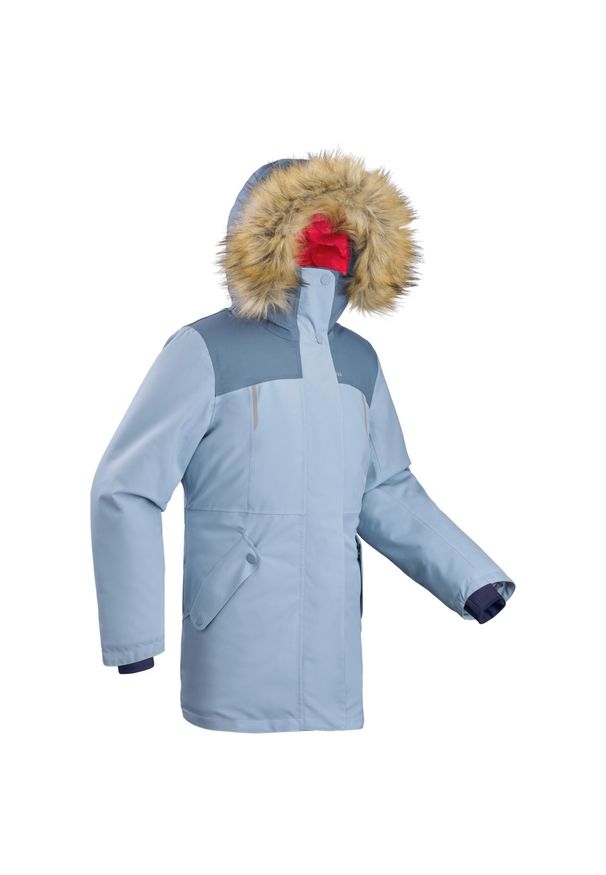 quechua - Parka turystyczna dla dzieci wodoodporna Quechua SH500 Ultra-Warm -20°C. Typ kołnierza: kołnierzyk stójkowy. Kolor: wielokolorowy, niebieski, szary, różowy. Materiał: futro. Sezon: zima. Styl: elegancki