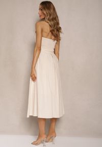 Renee - Beżowa Rozkloszowana Sukienka z Bawełną i Wiskozą na Szyję Kinulia. Kolor: beżowy. Materiał: bawełna, wiskoza. Wzór: aplikacja. Styl: klasyczny