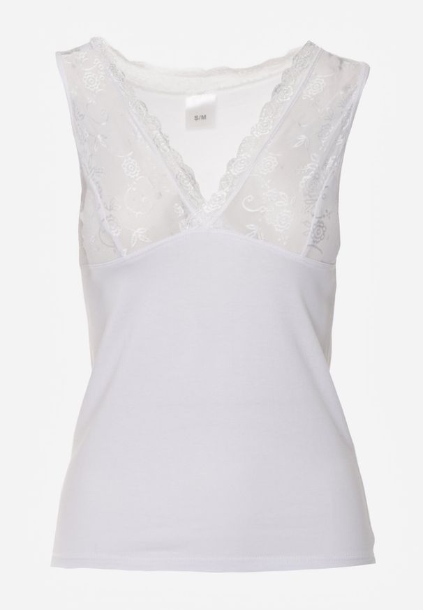 Born2be - Biały Bawełniany Top Bieliźniany z Siateczkową Górą z Koronką Bervisa. Kolor: biały. Materiał: bawełna, koronka. Wzór: koronka