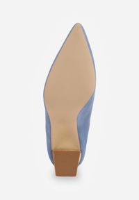 Born2be - Niebieskie Czółenka na Obcasie z Metaliczną Wstawką i Paskiem Wokół Kostki Linnolira. Okazja: na co dzień. Zapięcie: pasek. Kolor: niebieski. Materiał: satyna. Wzór: paski. Obcas: na obcasie. Styl: wizytowy, casual, elegancki. Wysokość obcasa: średni #2