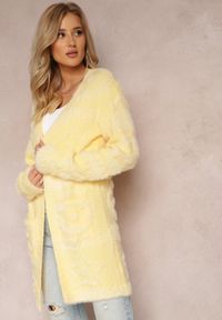 Renee - Żółty Długi Kardigan Puszysty Aborra. Kolekcja: plus size. Kolor: żółty. Materiał: tkanina, dzianina. Długość: długie. Wzór: aplikacja #4