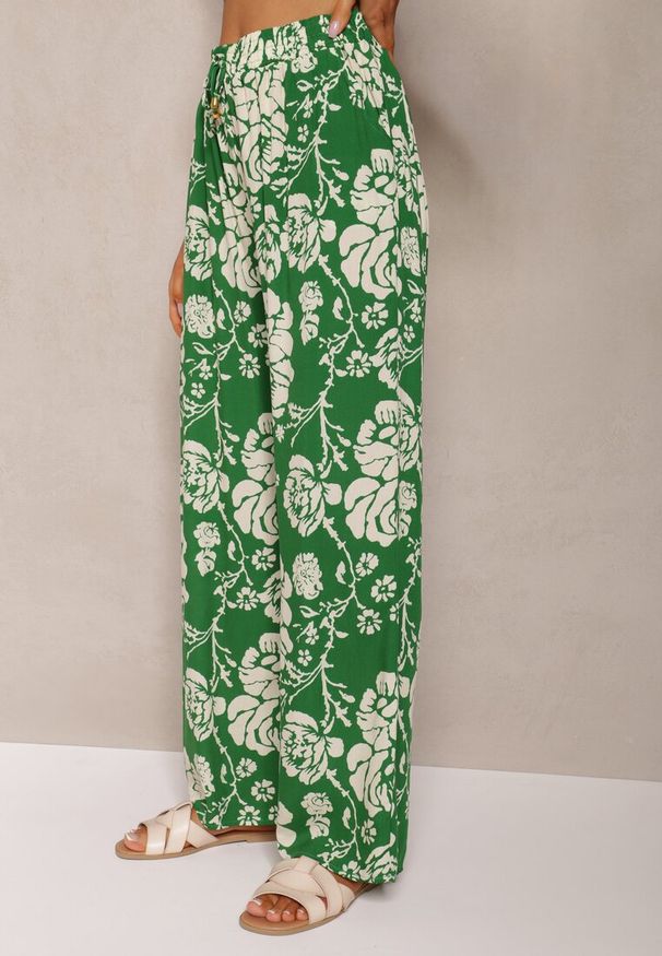 Renee - Zielone Spodnie Typu Palazzo z Wiskozy High Waist z Gumką w Talii Jenena. Stan: podwyższony. Kolor: zielony. Materiał: wiskoza. Sezon: lato