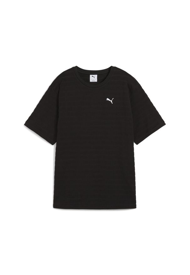 Puma - Damska strukturalna koszulka ESS ELEVATED o luźnym kroju PUMA Black. Kolor: czarny. Materiał: materiał. Wzór: haft. Sport: fitness