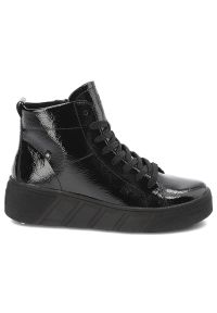 Czarne Botki Rieker Modne Lakierowane Obuwie Damskie. Okazja: na co dzień. Zapięcie: sznurówki. Kolor: czarny. Materiał: lakier. Styl: casual, elegancki