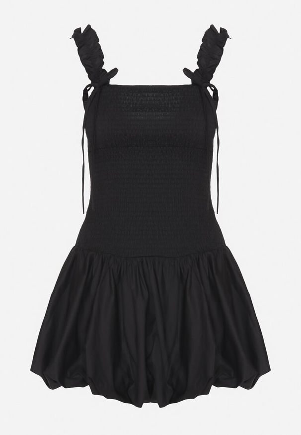 Born2be - Czarna Bawełniana Sukienka Bombka na Ramiączkach z Elastyczną Górą Linarisena. Okazja: na co dzień, na imprezę. Typ kołnierza: kokarda. Kolor: czarny. Materiał: bawełna. Długość rękawa: na ramiączkach. Typ sukienki: bombki. Styl: casual, elegancki