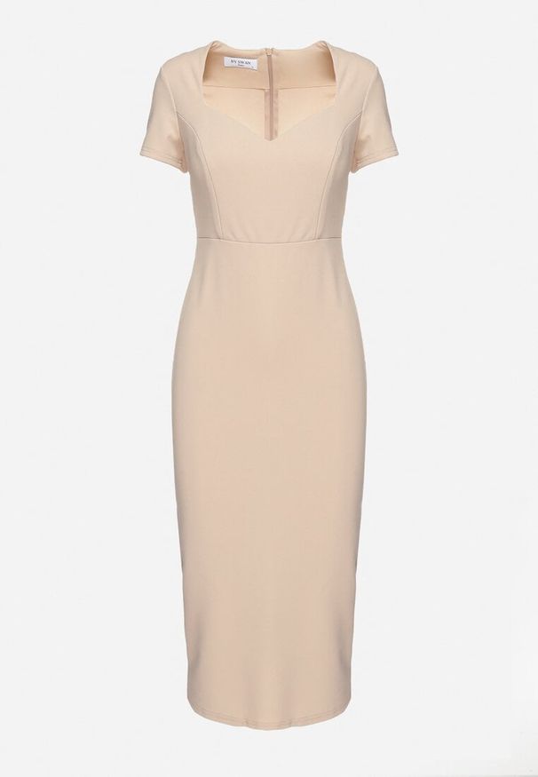 Born2be - Beżowa Taliowana Koktajlowa Sukienka z Wiskozą i Rozcięciem z Tyłu Castorea. Okazja: na co dzień. Kolor: beżowy. Materiał: wiskoza. Długość rękawa: krótki rękaw. Styl: wizytowy