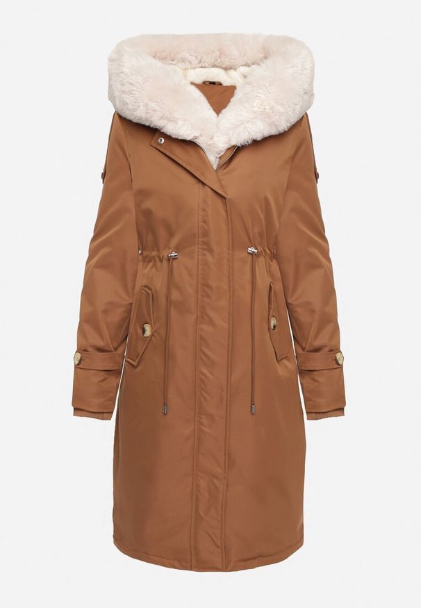 Born2be - Brązowa Kurtka Parka z Kapturem Futrzaną Wyściółką i Ściągaczem w Talii Semarien. Okazja: na co dzień. Typ kołnierza: kaptur. Kolor: brązowy. Materiał: futro. Długość rękawa: długi rękaw. Długość: długie. Styl: casual, klasyczny