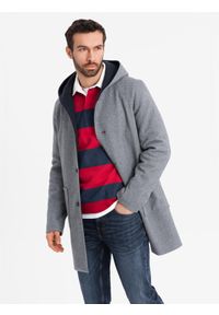 Ombre Clothing - Melanżowy męski długi płaszcz z kapturem – szary V1 - Rozmiar: XXL. Typ kołnierza: kaptur. Kolor: niebieski. Materiał: tkanina, wełna, poliester, materiał, syntetyk, włókno, nylon. Długość: długie. Wzór: melanż. Sezon: zima. Styl: elegancki #6