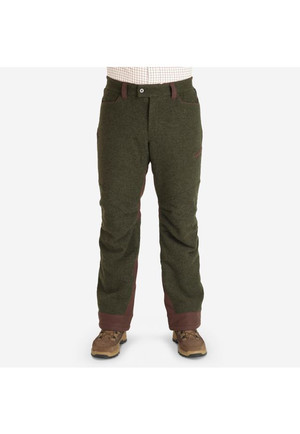 SOLOGNAC - Spodnie myśliwskie Solognac Warm 900 wełna. Kolor: zielony, brązowy, wielokolorowy. Materiał: wełna