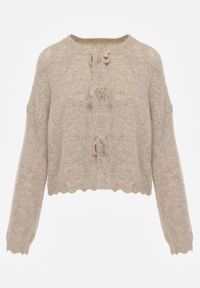 Renee - Beżowy Nietoperzowy Kardigan Wiązany z Ażurowym Wzorem i Dodatkiem Wełny Paleris. Okazja: na co dzień. Kolor: beżowy. Materiał: wełna. Wzór: ażurowy. Styl: casual #5