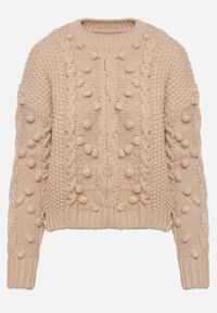 Born2be - Beżowy Sweter z Wełną i Bawełną Ozdobiony Grubym Splotem Numike. Okazja: do pracy. Kolor: beżowy. Materiał: wełna, bawełna. Wzór: aplikacja, ze splotem. Sezon: zima, jesień. Styl: klasyczny, elegancki