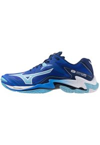 Buty halowe Mizuno Wave Lightning Z. Zapięcie: sznurówki. Kolor: niebieski, wielokolorowy, biały. Materiał: materiał, tkanina, syntetyk. Szerokość cholewki: normalna. Model: Mizuno Wave