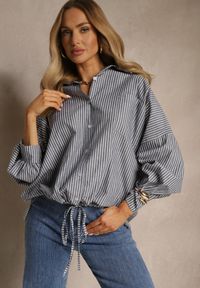 Renee - Ciemnoszara Koszula z Bawełny o Kroju Oversize w Prążki ze Ściągaczem w Pasie Neoritia. Okazja: do pracy. Kolor: szary. Materiał: bawełna. Wzór: prążki. Styl: elegancki