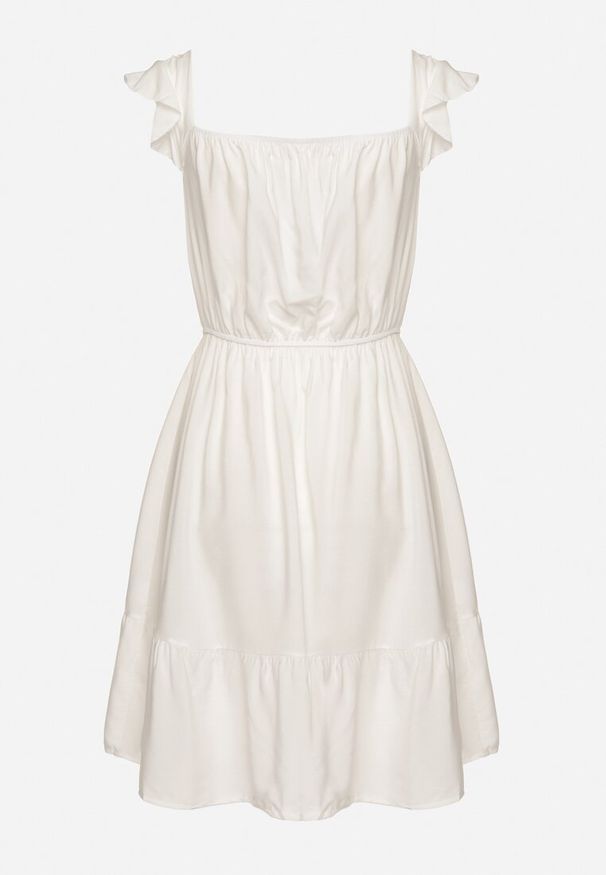 Born2be - Biała Sukienka z Wiskozą o Rozkloszowanym Kroju z Gumką w Pasie Lirimere. Okazja: na co dzień. Typ kołnierza: kołnierz z falbankami. Kolor: biały. Materiał: wiskoza. Długość rękawa: na ramiączkach. Styl: casual, elegancki