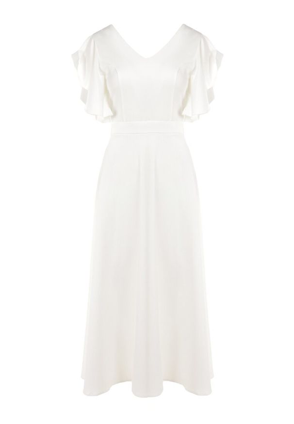 Born2be - Biała Rozkloszowana Sukienka Zdobiona Falbanami Emilienne. Okazja: na randkę, na spacer. Kolor: biały. Materiał: tkanina, jeans. Wzór: aplikacja, jednolity, gładki. Typ sukienki: rozkloszowane. Styl: klasyczny, elegancki, wizytowy. Długość: maxi