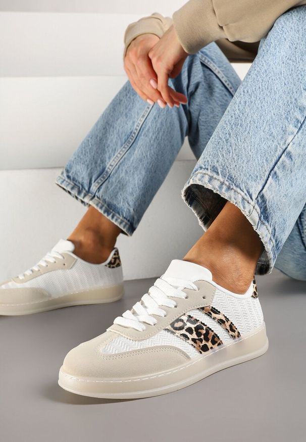 Born2be - Beżowe Sneakersy Tenisówki z Geometrycznym Wzorem w Panterkę Eleamila. Okazja: na co dzień. Zapięcie: sznurówki. Kolor: beżowy. Materiał: jeans. Wzór: geometria, motyw zwierzęcy