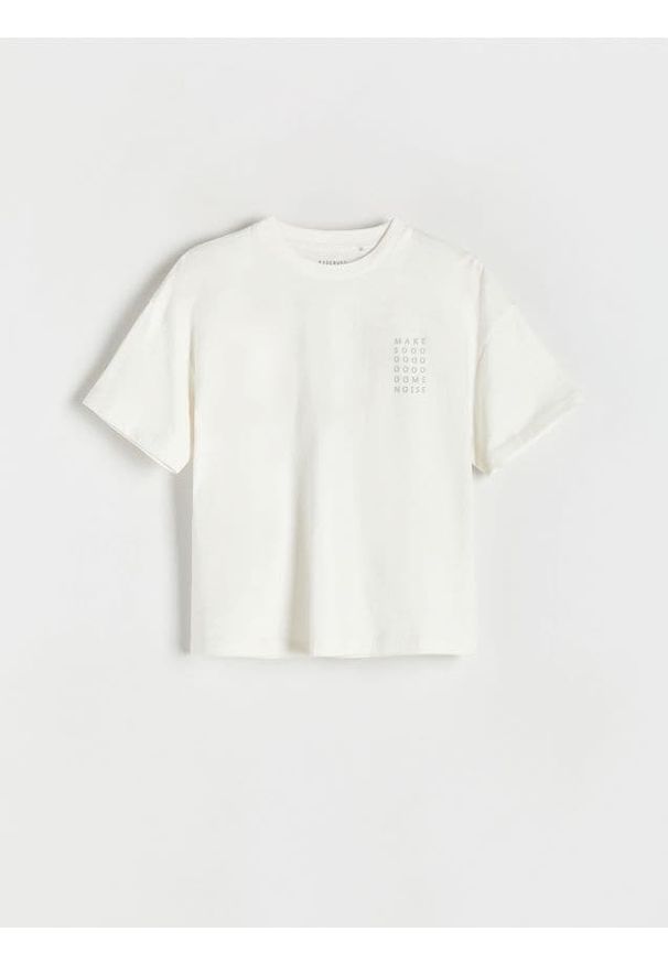 Reserved - T-shirt z nadrukiem - złamana biel. Materiał: dzianina, włókno, bawełna. Wzór: nadruk
