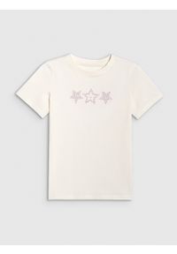 4f - 4F T-shirt regular z nadrukiem dziewczęcy - biały 140 (9-10 lat). Okazja: na co dzień. Kolor: biały. Materiał: bawełna, materiał, skóra. Długość rękawa: krótki rękaw. Długość: krótkie. Wzór: nadruk. Sezon: lato. Styl: casual #1