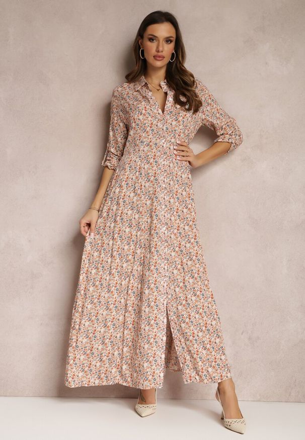 Renee - Biało-Pomarańczowa Sukienka Adena. Typ kołnierza: dekolt w kształcie V. Kolor: biały. Długość rękawa: długi rękaw. Wzór: kwiaty. Typ sukienki: kopertowe, koszulowe. Styl: wizytowy, elegancki. Długość: midi