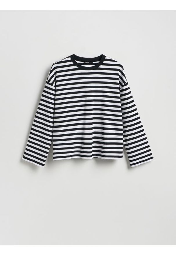 Reserved - Bawełniany longsleeve w paski - czarny. Kolor: czarny. Materiał: bawełna. Długość rękawa: długi rękaw. Wzór: paski