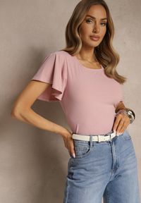 Renee - Różowa Bluzka z Rozkloszowanymi Rękawami Sunelva. Okazja: na co dzień. Kolor: różowy. Materiał: jeans. Styl: elegancki, casual