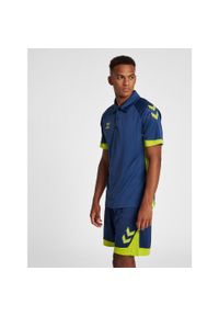 Polo Hummel Lead Functional. Typ kołnierza: polo. Kolor: niebieski. Materiał: dzianina, tkanina, prążkowany. Wzór: aplikacja, nadruk. Styl: sportowy, elegancki