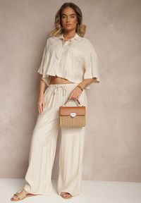 Renee - Beżowy Komplet z Wiskozy o Kroju Oversize Koszula i Spodnie Dovaraella. Kolor: beżowy. Materiał: wiskoza