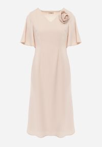 Born2be - Beżowa Koktajlowa Sukienka VICES ze Zwiewnymi Rękawami i Kwiatową Aplikacją 3D Talilia. Okazja: na wesele, na ślub cywilny, na imprezę. Kolor: beżowy. Wzór: aplikacja, kwiaty. Styl: wizytowy #4