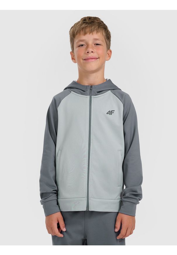4f - 4F Bluza sportowa rozpinana z kapturem chłopięca - szara 134/140 (8-10 lat). Okazja: na co dzień. Typ kołnierza: kaptur. Kolor: szary. Materiał: skóra, dzianina. Sezon: lato. Styl: sportowy