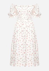 Born2be - Biało-Różowa Rozkloszowana Sukienka w Kwiaty Typu Hiszpanka z Marszczonym Dekoltem Blueria. Okazja: na co dzień. Typ kołnierza: dekolt hiszpanka. Kolor: biały. Długość rękawa: krótki rękaw. Wzór: kwiaty. Sezon: lato. Styl: casual, elegancki #3