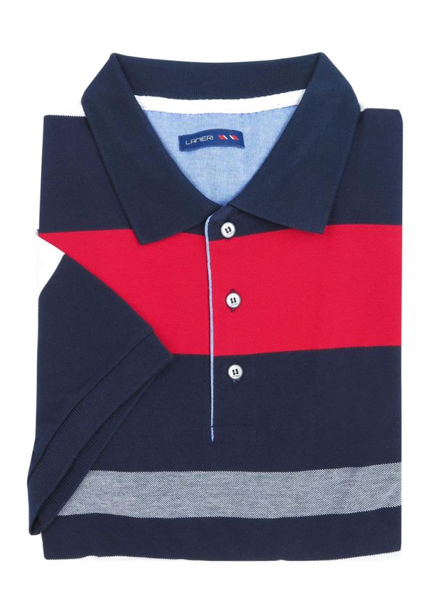 Lanieri Fashion - Granatowa męska koszulka polo w czerwono-białe paski KP16. Typ kołnierza: polo. Kolor: czerwony, biały, niebieski, wielokolorowy. Materiał: materiał, bawełna. Długość: krótkie. Wzór: paski