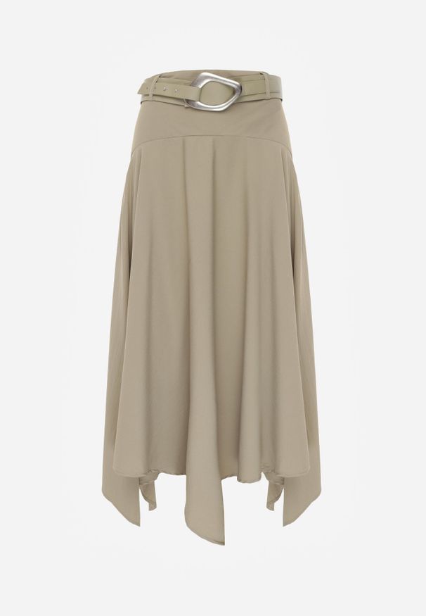 Born2be - Zielona Rozkloszowana Spódnica z Ozdobnym Paskiem i Asymetrycznym Dołem Pillen. Okazja: na co dzień, do pracy. Kolor: zielony. Materiał: skóra. Długość: długie. Styl: casual, elegancki