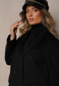 Renee - Czarny Klasyczny Płaszcz Dwurzędowy z Kieszeniami Tereti. Okazja: na co dzień. Kolor: czarny. Materiał: jeans. Styl: klasyczny #4