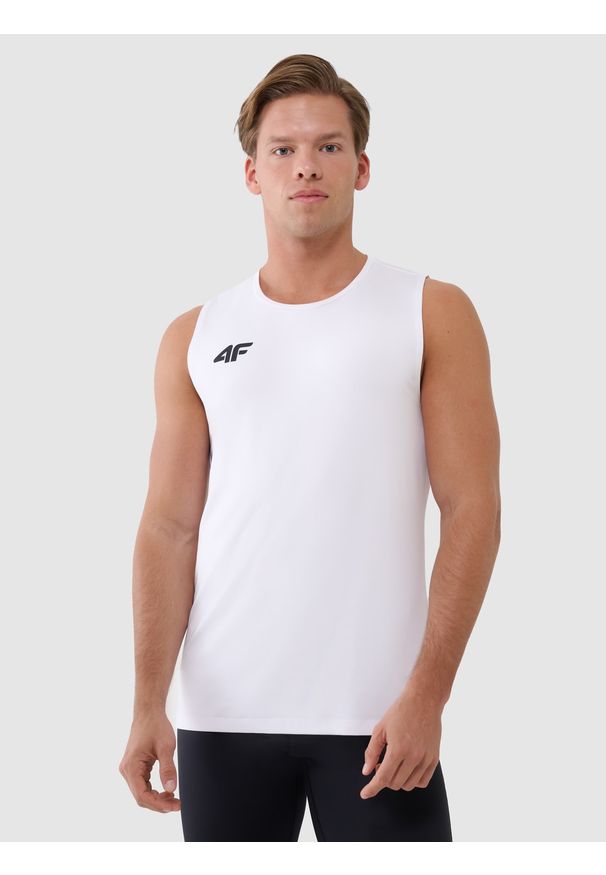 4f - 4F Tank top treningowy szybkoschnący męski - biały XS. Kolor: biały. Materiał: dzianina, włókno, syntetyk, materiał, elastan. Wzór: gładki, ze splotem, jednolity. Sport: fitness