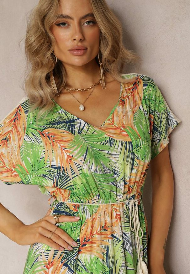 Renee - Zielono-Pomarańczowa Maxi Sukienka z Wiskozy w Kwiatowy Print ze Sznurkiem w Talii Anukka. Kolor: zielony. Materiał: wiskoza. Wzór: kwiaty, nadruk. Długość: maxi