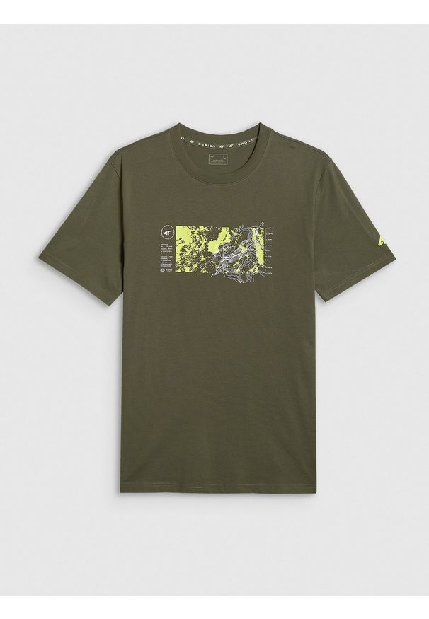 4f - 4F T-shirt regular z nadrukiem męski - khaki L. Okazja: na co dzień. Kolor: oliwkowy, wielokolorowy, brązowy. Materiał: bawełna, dzianina. Wzór: nadruk. Styl: casual
