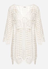 Born2be - Biała Bawełniana Narzutka Tunika z Ażurowym Wzorem Wiązana przy Dekolcie Rasteri. Okazja: na co dzień. Kolor: biały. Materiał: bawełna. Długość rękawa: długi rękaw. Długość: długie. Wzór: ażurowy. Styl: casual, elegancki #7