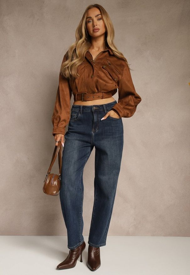 Renee - Niebieskie Jeansy Mom Fit High Waist z Wiskozą Erralia. Okazja: na co dzień, na spacer. Stan: podwyższony. Kolor: niebieski. Styl: casual