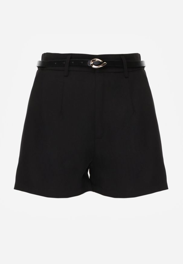 Born2be - Czarne Eleganckie Szorty z Wysokim Stanem i Wąskim Paskiem z Klamrą Rissarah. Okazja: na co dzień. Stan: podwyższony. Kolor: czarny. Wzór: gładki. Styl: elegancki